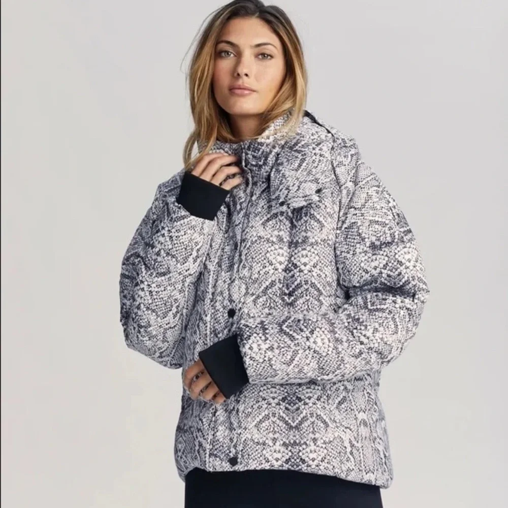Varley x Anthropologie Highland Snake Print Hooded Puffer Jacket